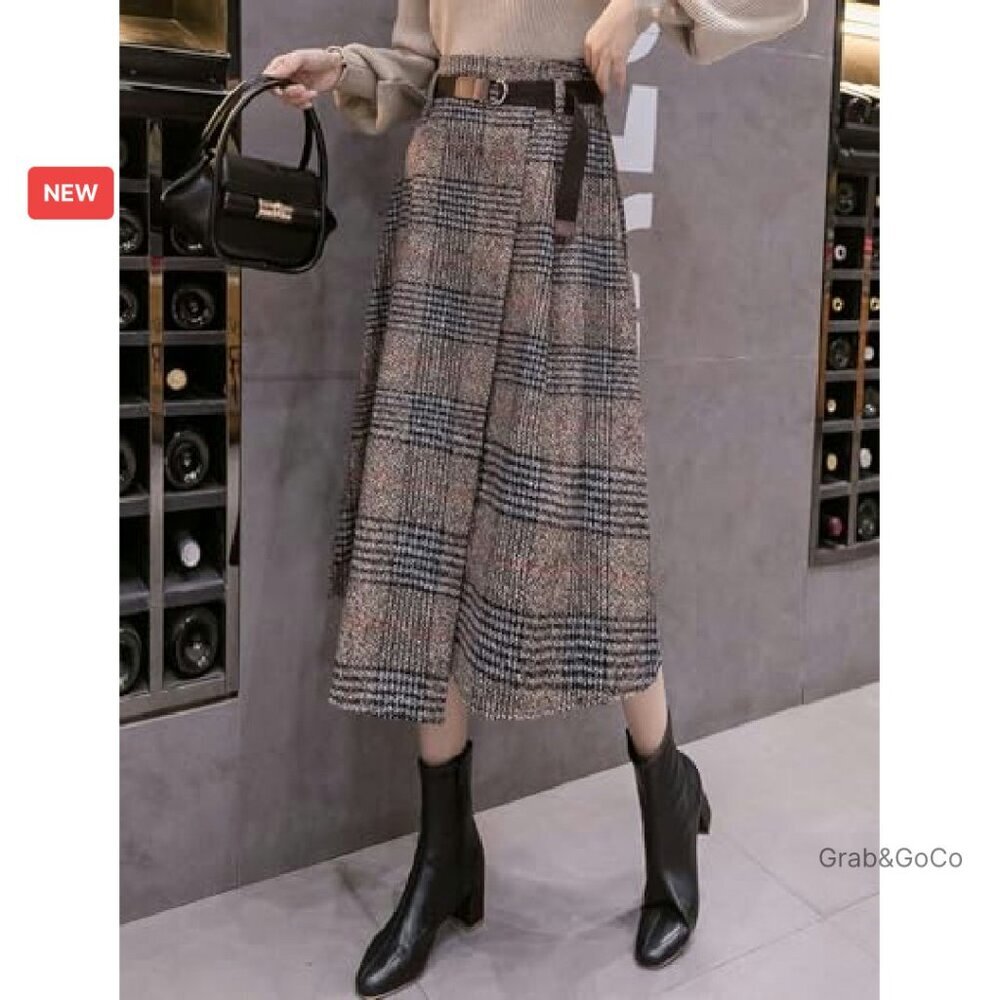 Vintage Plaid Wool Blend Midi Skirt A-Line Retro Chic Elegant Belted - Picture 4 of 6